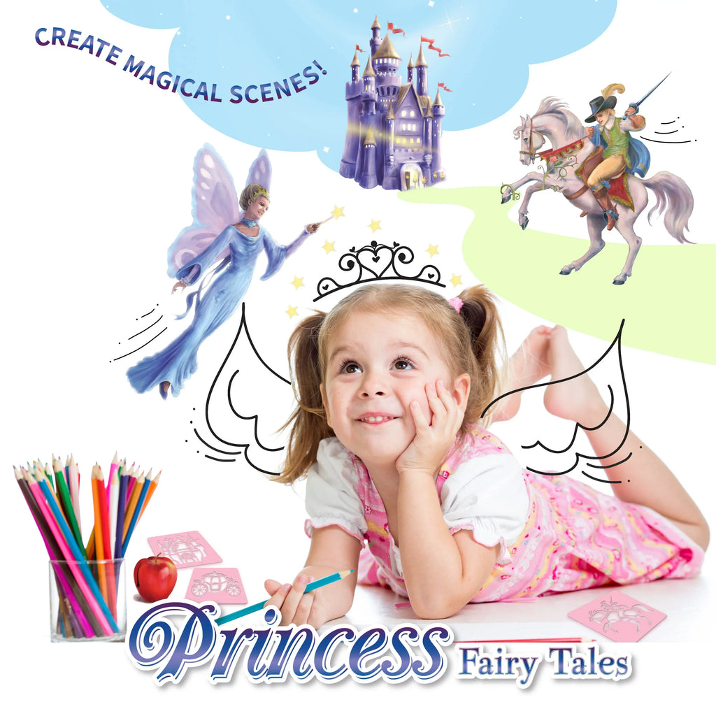 It Drawing And Children's Art Scenes 5 Stencil Fairytale Princess Activity Spicebox Kits Art To Imagine Stories, Kids Kit For Stencil Recreate,