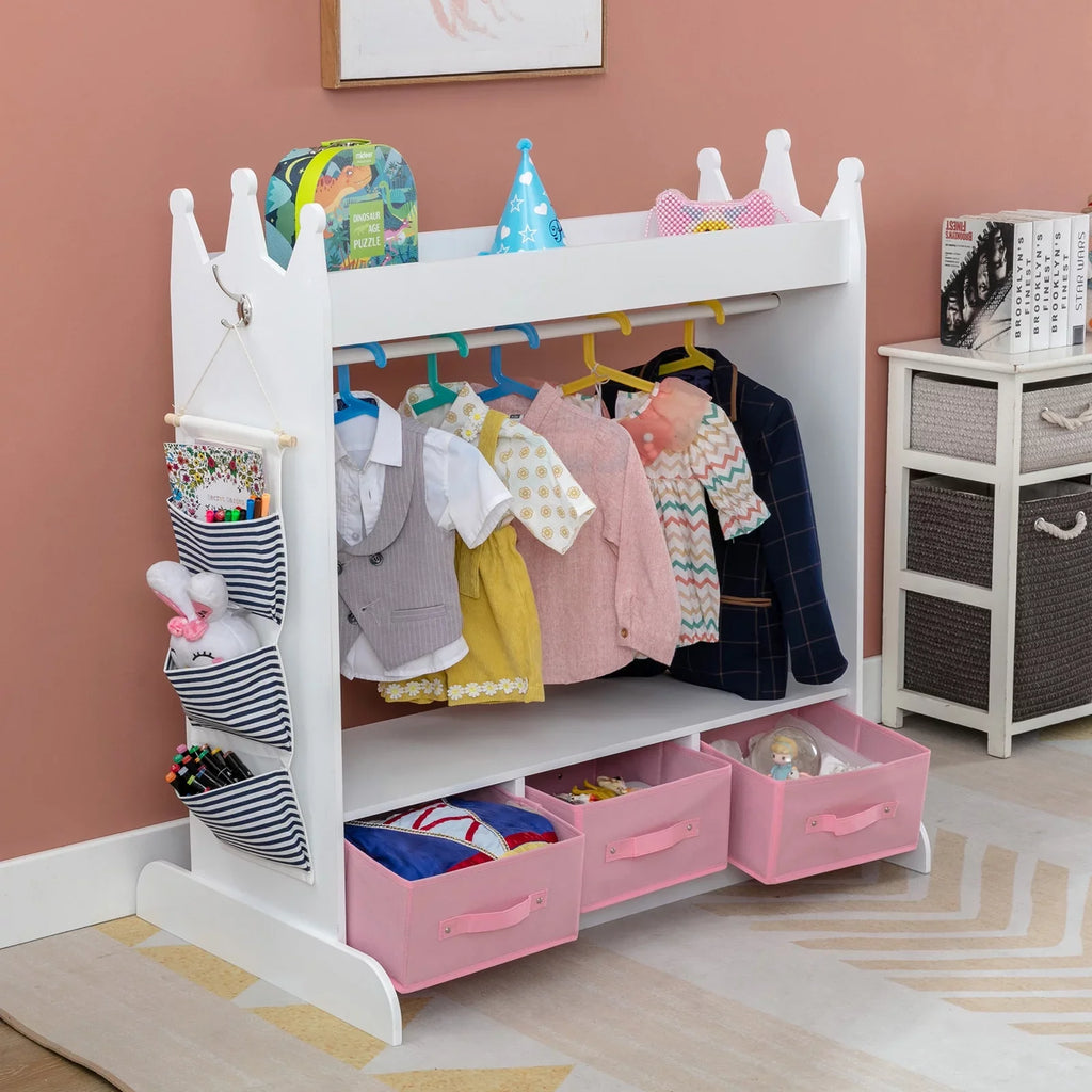 3 Drawers Top Dress Up Closet Girl Lovely Corner White Wardrobe Armoire Side with Storage, Mirror, Bedroom Pocket Kid