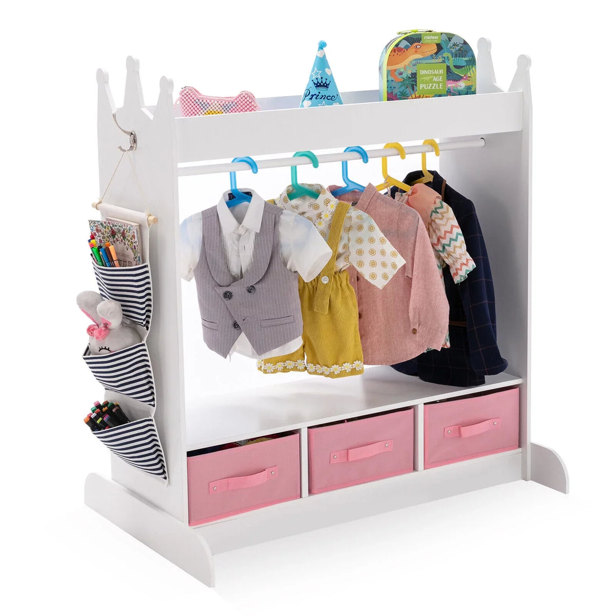 3 Drawers Top Dress Up Closet Girl Lovely Corner White Wardrobe Armoire Side with Storage, Mirror, Bedroom Pocket Kid