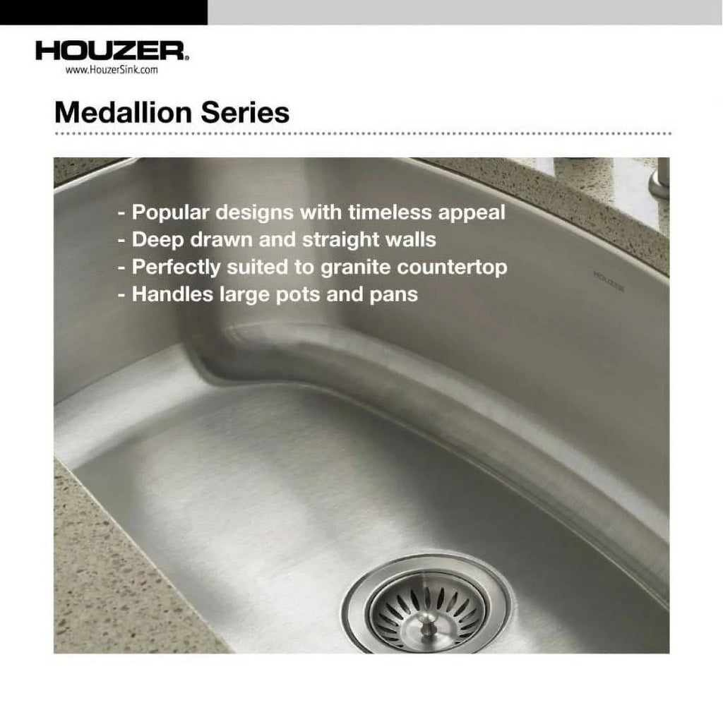 60/40 Bowl Steel Stainless Kitchen x Right Sink, Bowl 20-3/16" Small x 31-1/2" 17-15/16" 20-3/16" 31-1/2" Houzer x Undermount Double MEC-3220SR-1