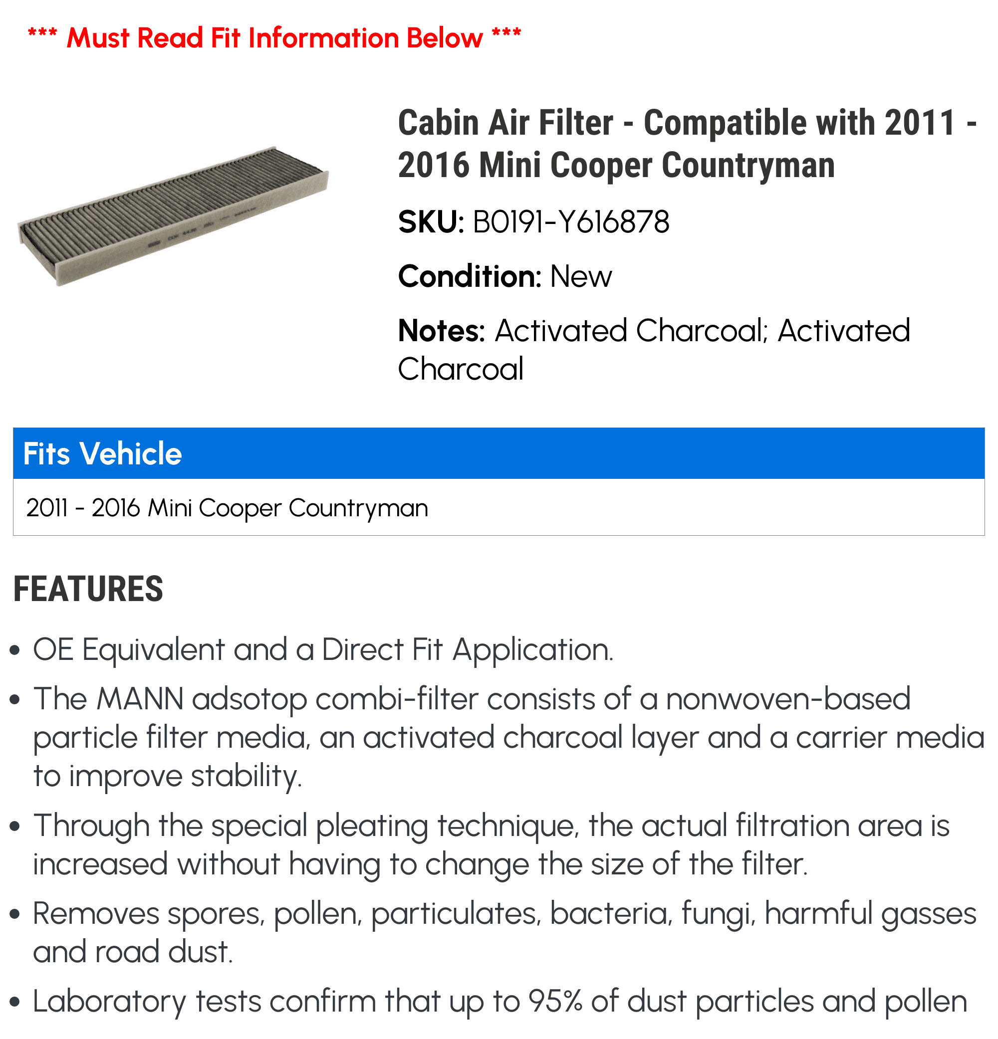 '- Cooper 2015 Air Cabin Countryman - 2016 2014 2011 Filter 2012 Compatible Mini 2013 with