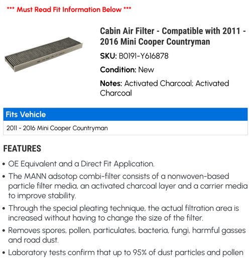 '- Cooper 2015 Air Cabin Countryman - 2016 2014 2011 Filter 2012 Compatible Mini 2013 with