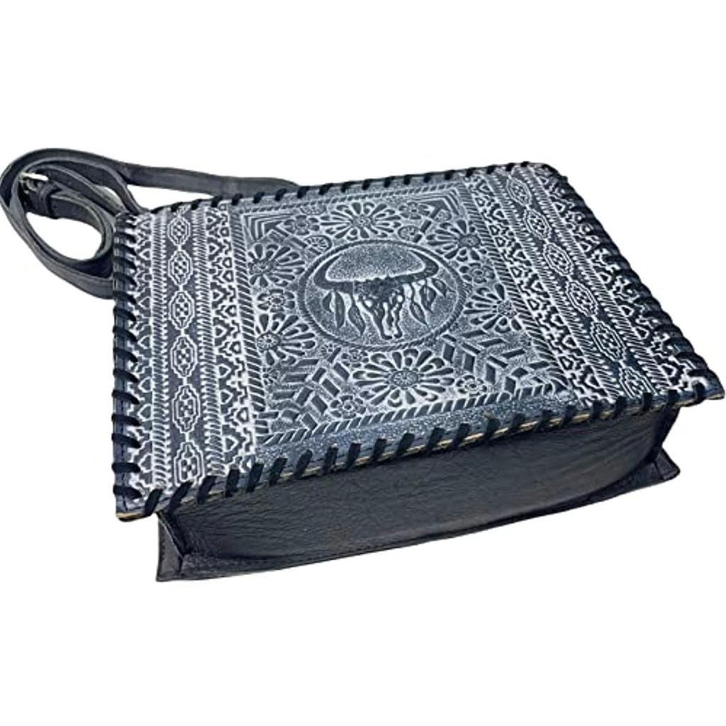 Skull Genuine Leather (Blue) Stitched Tote Large Cow Urbalabs Tooled Western Hand Longhorn Crossbody Handbag Purse Bag