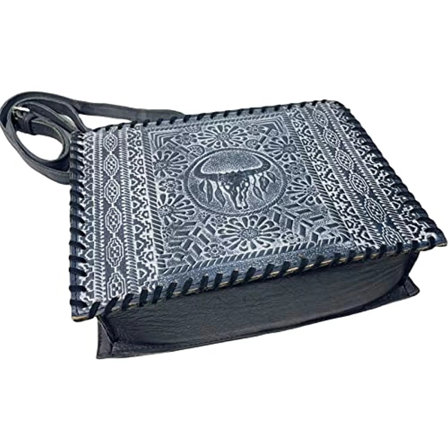 Skull Genuine Leather (Blue) Stitched Tote Large Cow Urbalabs Tooled Western Hand Longhorn Crossbody Handbag Purse Bag