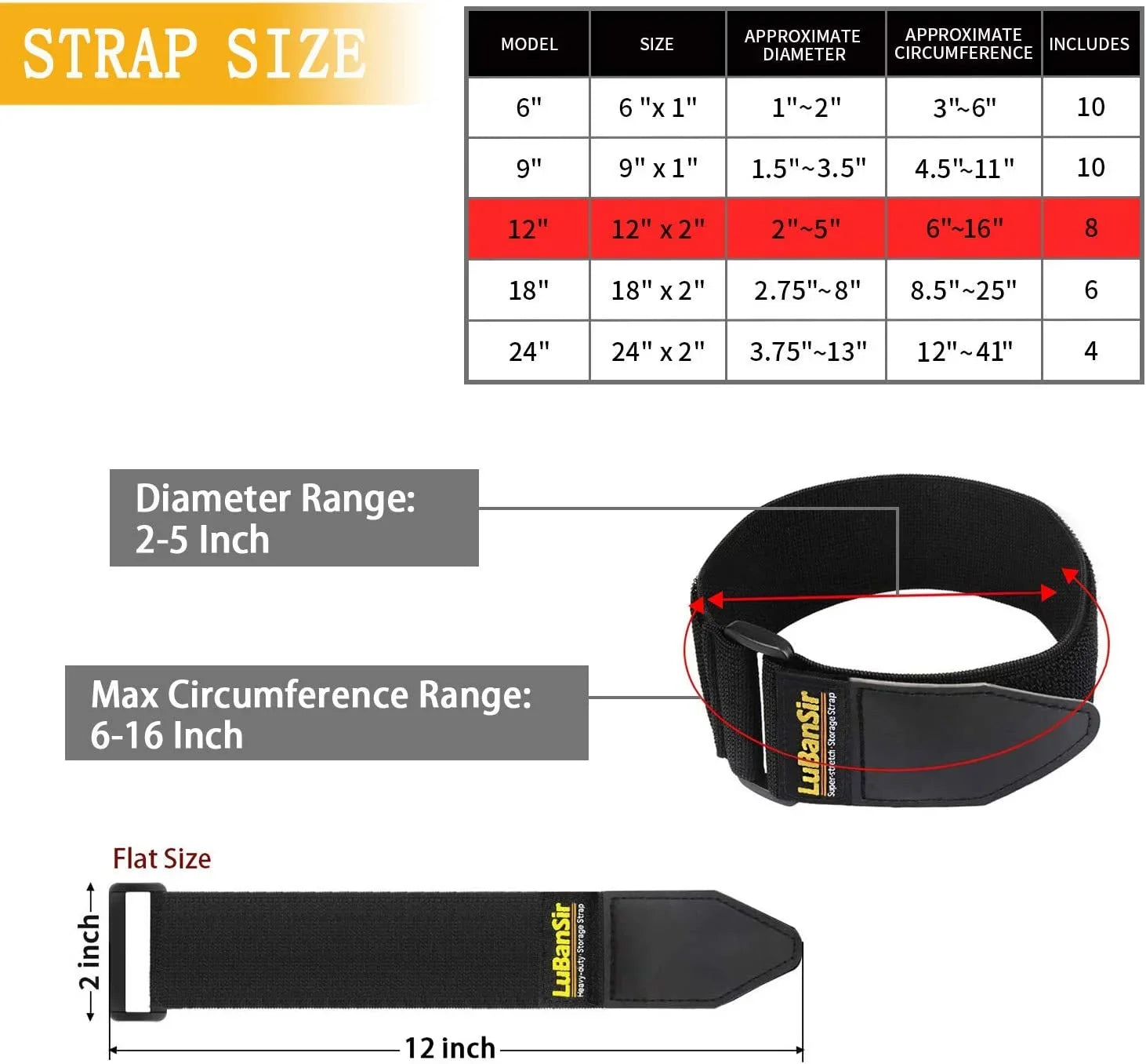 12" and Rope Cord Hook Loop x (8 Strap Storage Wrap, Elastic Extension Cord, Straps, Cinch Cable, for Pack) 2"