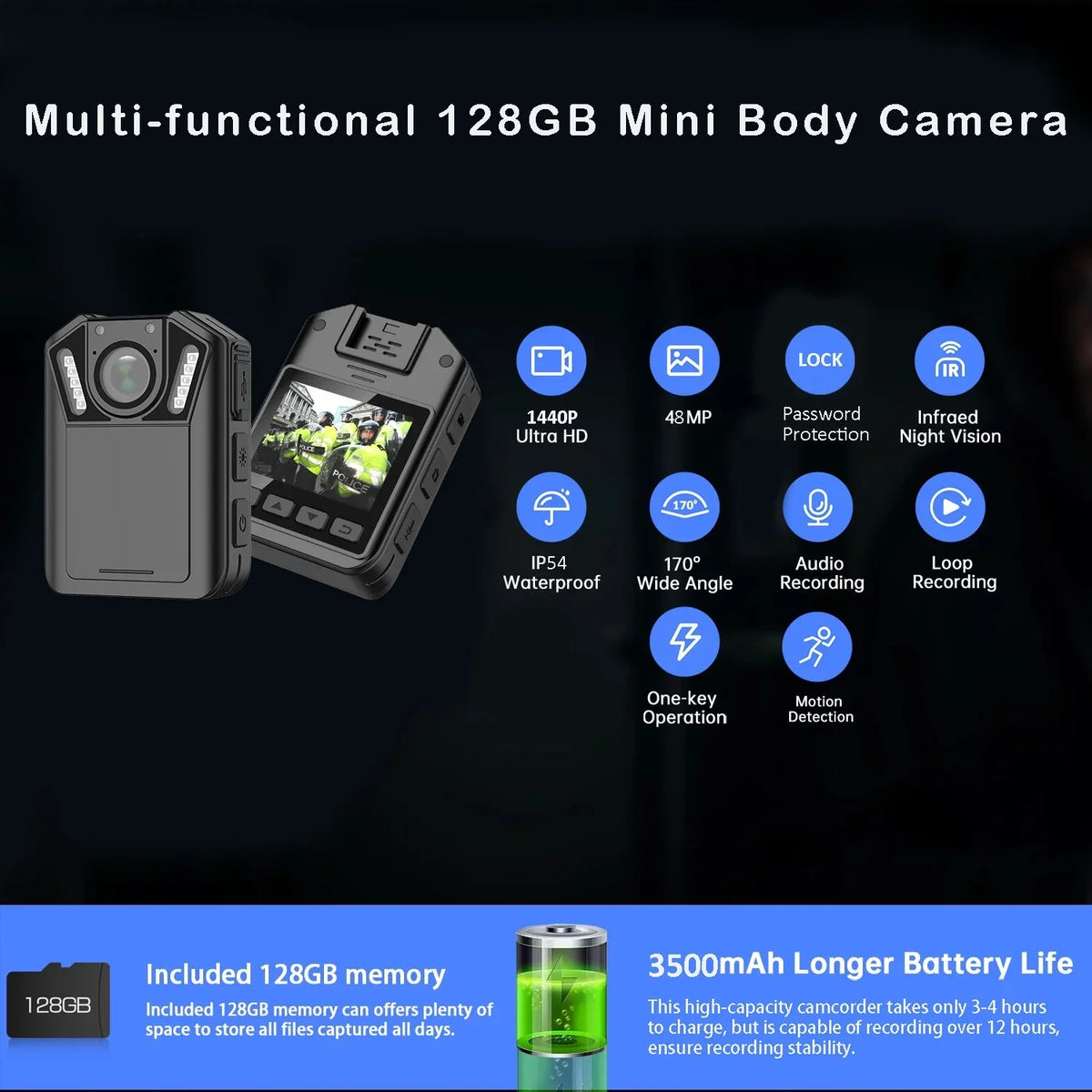 Audio for Camcorder Cam RONY with and Home Recording Body Waterproof Police Guard Mini - Body Vision Security Enforcement Law 1440P with Camera Wearable Video Night Body - 128GB