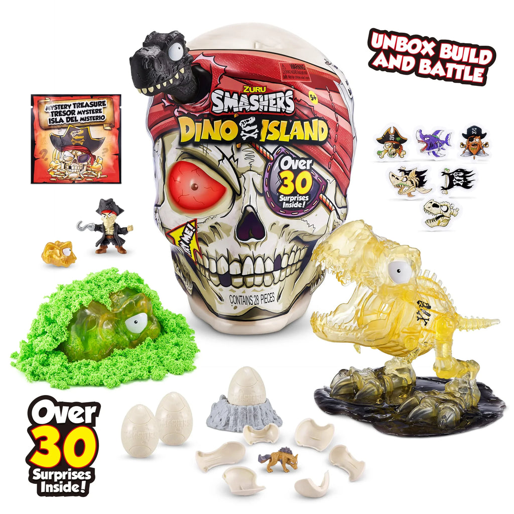Smashers ZURU Toys, 30 Dinosaur Island 5+ and Slime, Mini Giant Dino Discovery (T-Rex) Surprises, with and Eggs by More Figurines, Skull Toy, Sand Over Prehistoric Age