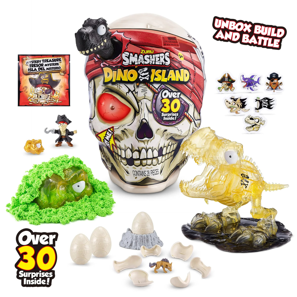 Smashers ZURU Toys, 30 Dinosaur Island 5+ and Slime, Mini Giant Dino Discovery (T-Rex) Surprises, with and Eggs by More Figurines, Skull Toy, Sand Over Prehistoric Age