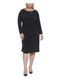 Dress Stretch KLEIN 16W CALVIN Plus Black Ruched Long To Round Zippered Work Wear Neck Womens Sheath Sleeve Midi