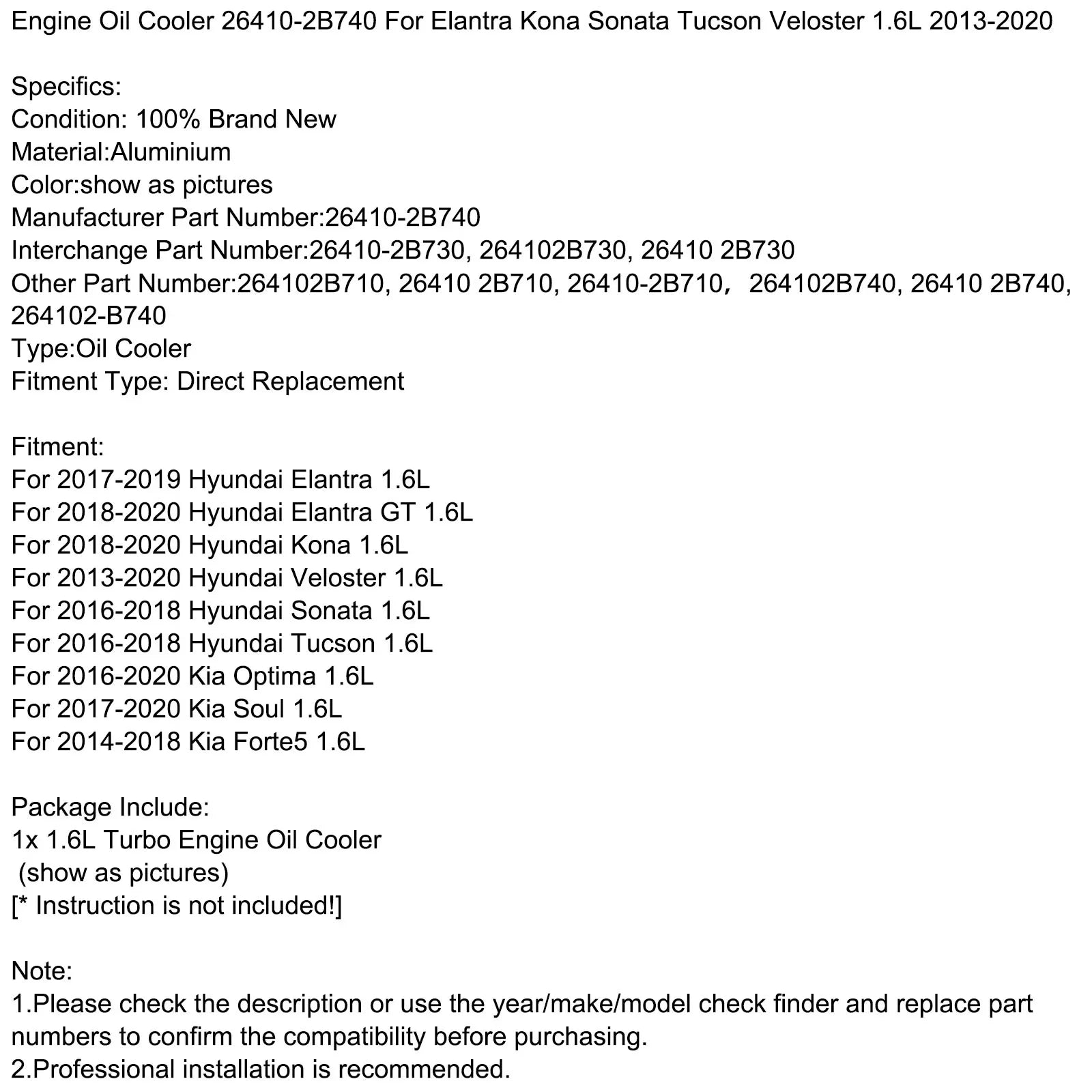 13-20 Sonata Oil Elantra Tucson Engine 1.6L For 26410-2B740 Veloster Kona Cooler