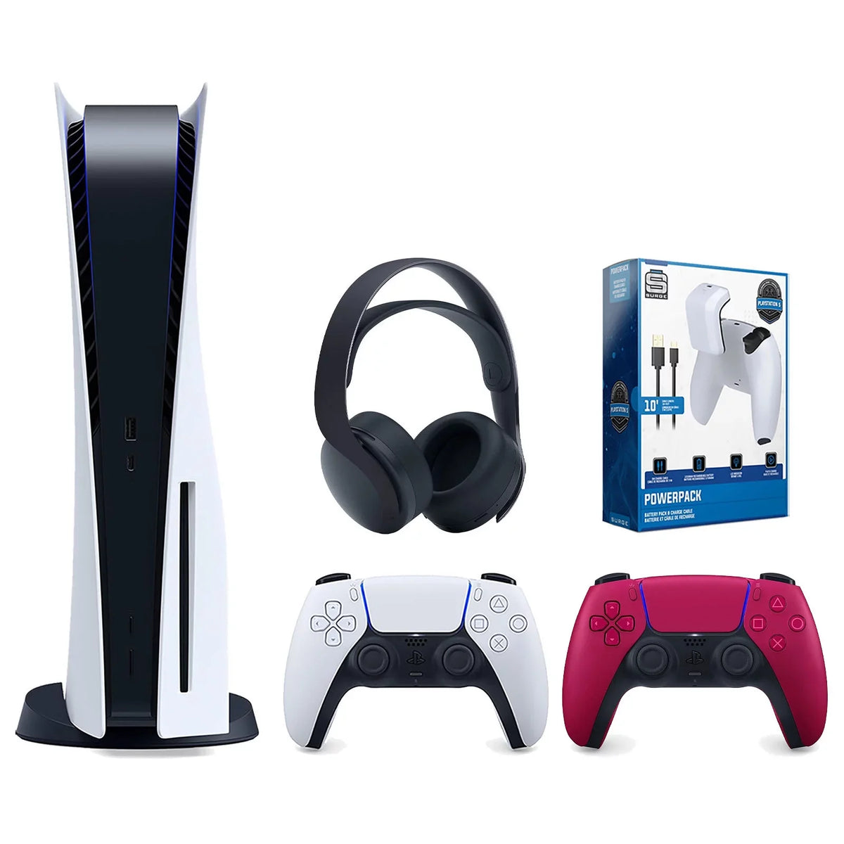 Playstation Headset 3D Charge 5 PULSE Sony Pack with and Black Console Surge & Extra PowerPack Disc Bundle Version Red Controller, Battery Cable