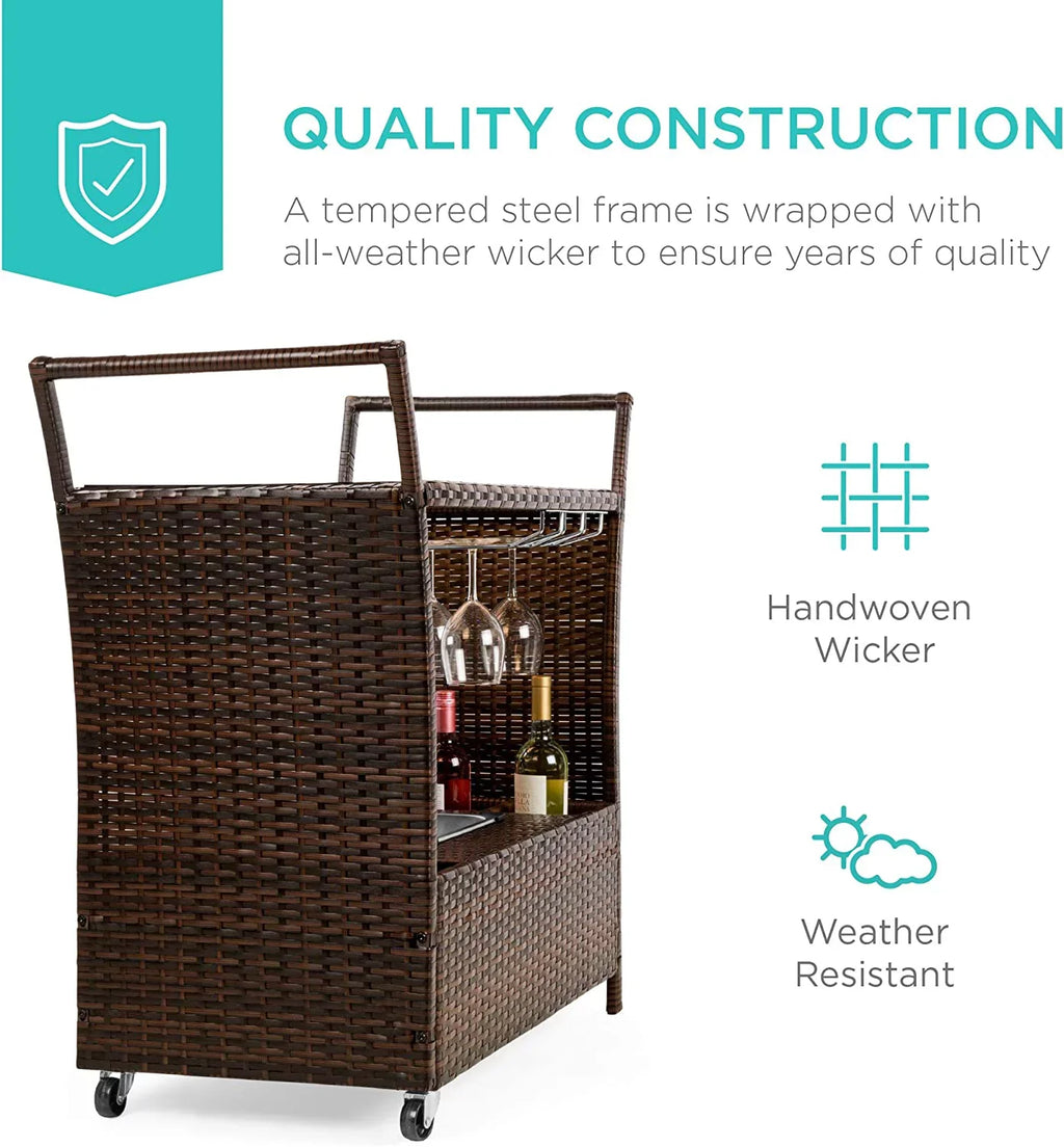 '- Storage Compartments w/Removable Countertop, Rolling Glass Brown Wicker Bar Ice Holders, Glass Cart Wine Bucket, Outdoor