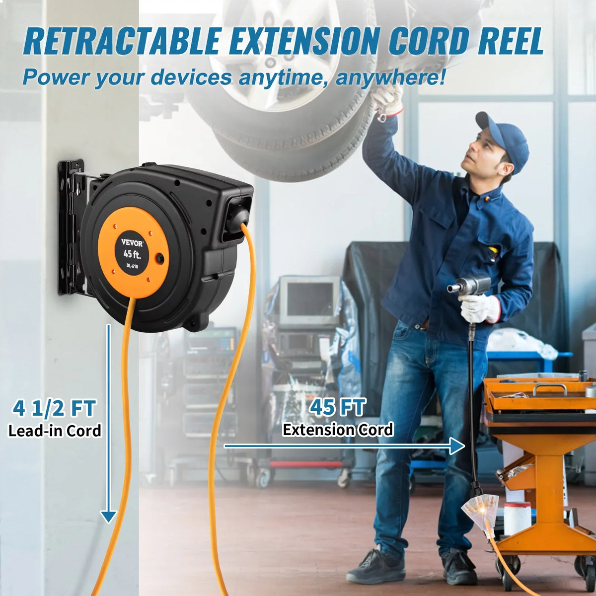 UL Cord Reel 45FT Extension Retractable BENTISM Power Reel 12AWG/3C SJTOW Cord