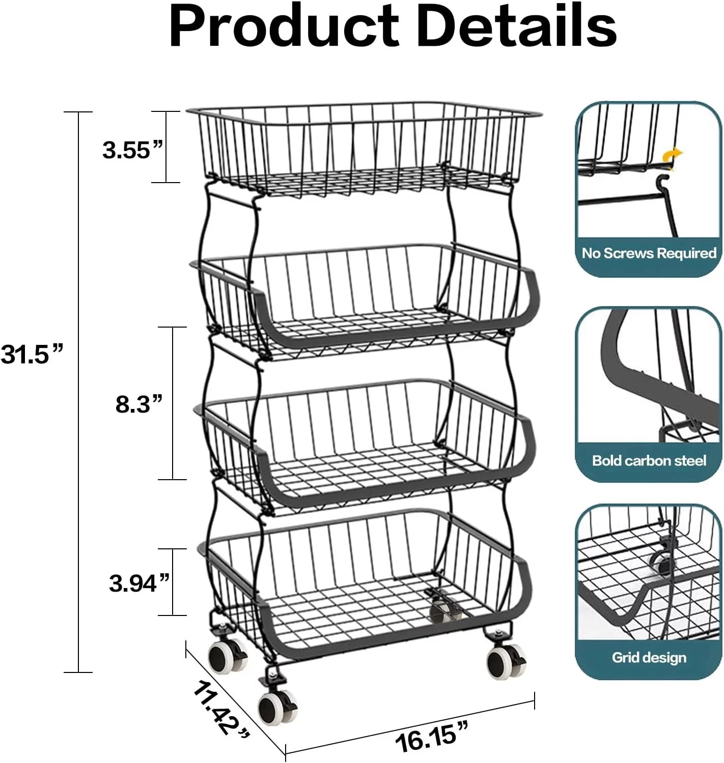 4-Tier Vegetable Stackable Basket Black Car Basket LEZZYRUCK Storage Garage for Fruit Pantry,Bathroom,