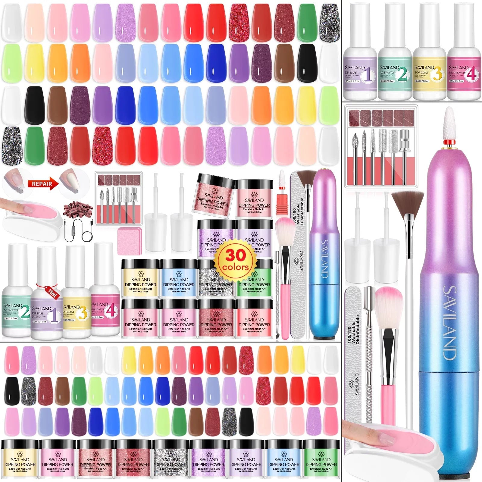 Oil Dip Dipping Powder and Drill Coat and Kit Powder Activator Cuticle Liquids Electric Nail Colors Drill with Keratin Nails Dip Saviland - with Set, Base Kit 30 Powder Top