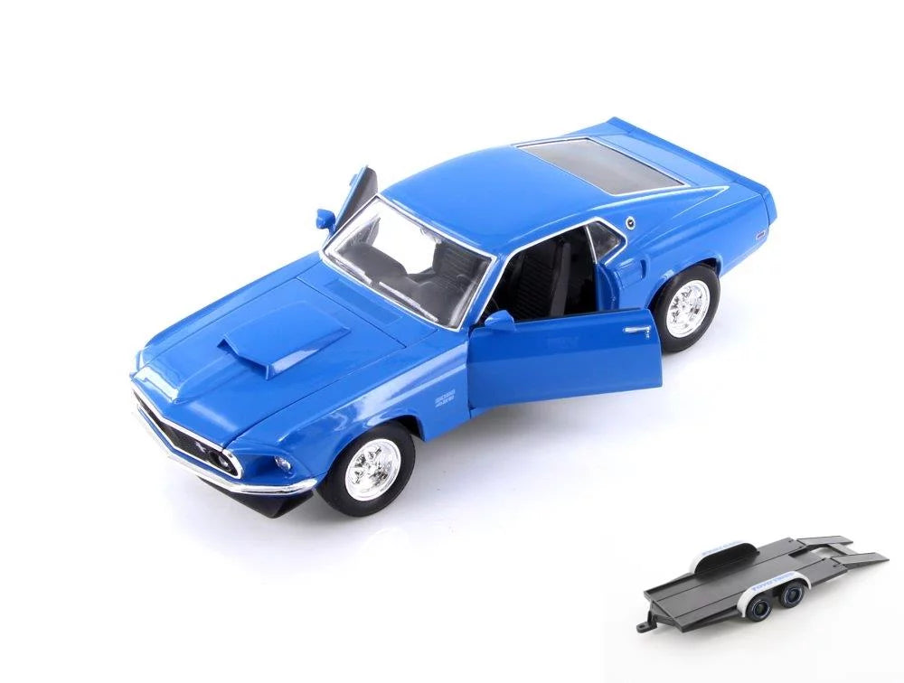'- 24067WBU 429, Diecast Toy 1/24 Ford 1969 Car Welly Diecast Mustang Car Boss - Blue - w/Trailer scale Model