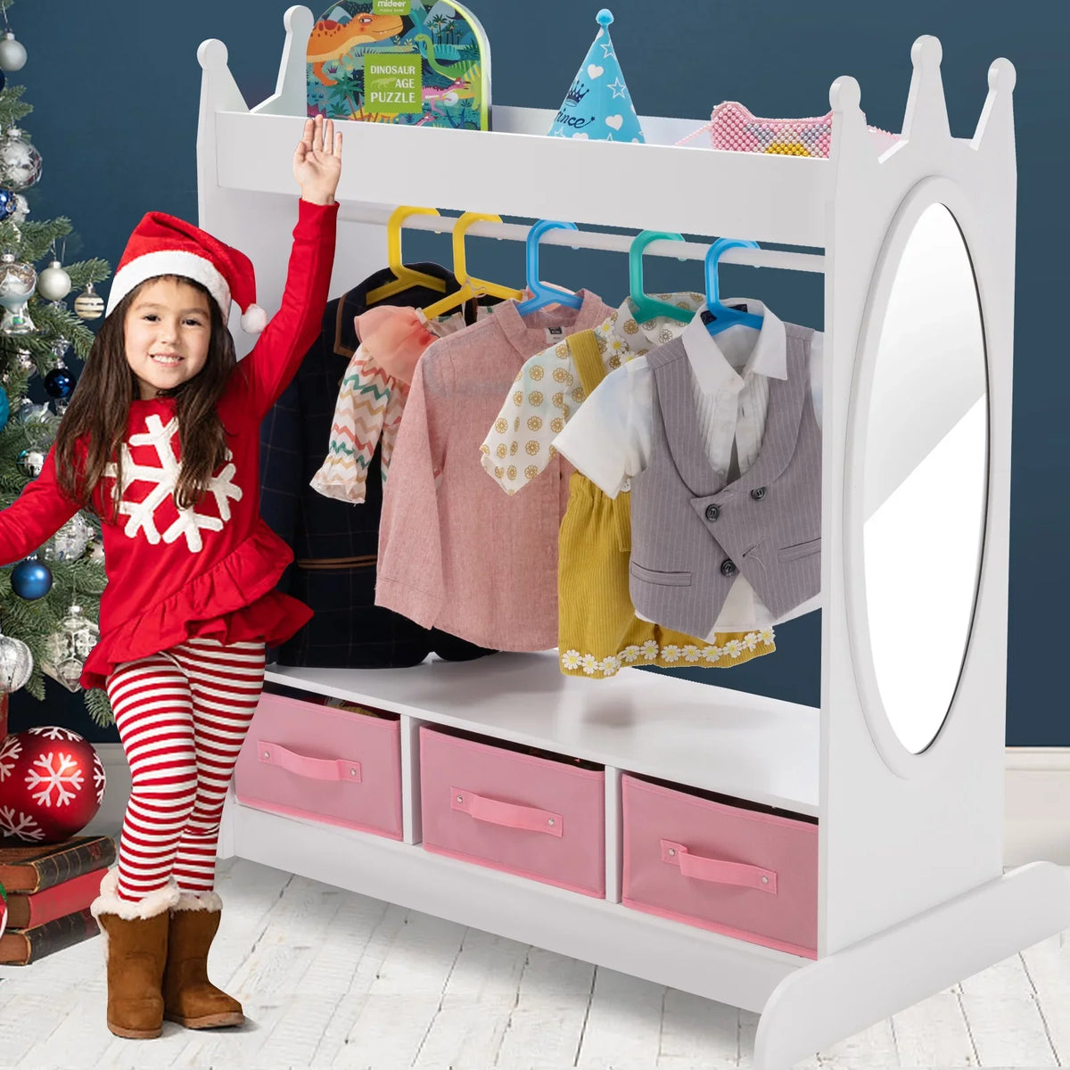 3 Drawers Top Dress Up Closet Girl Lovely Corner White Wardrobe Armoire Side with Storage, Mirror, Bedroom Pocket Kid