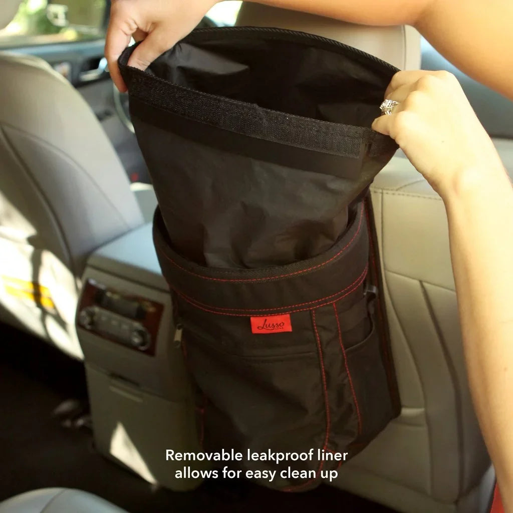 Car | with Hang Can Stitching Trash 2.5 Leakproof Gallon, | | Flip Removable Garbage Hanging, | Capacity, with Large Vinyl Lid Bin or Black Open Lusso Gear | Liner Red Mount