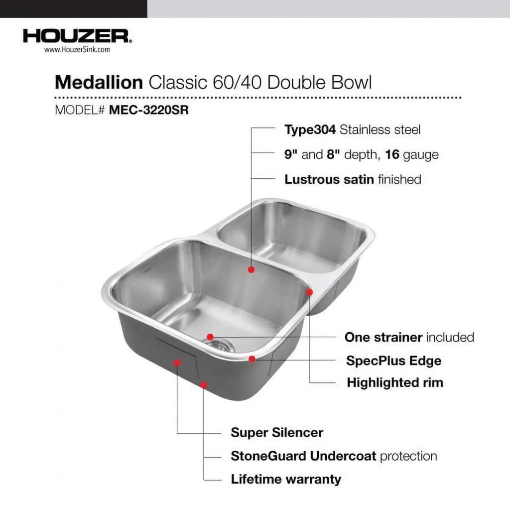 60/40 Bowl Steel Stainless Kitchen x Right Sink, Bowl 20-3/16" Small x 31-1/2" 17-15/16" 20-3/16" 31-1/2" Houzer x Undermount Double MEC-3220SR-1