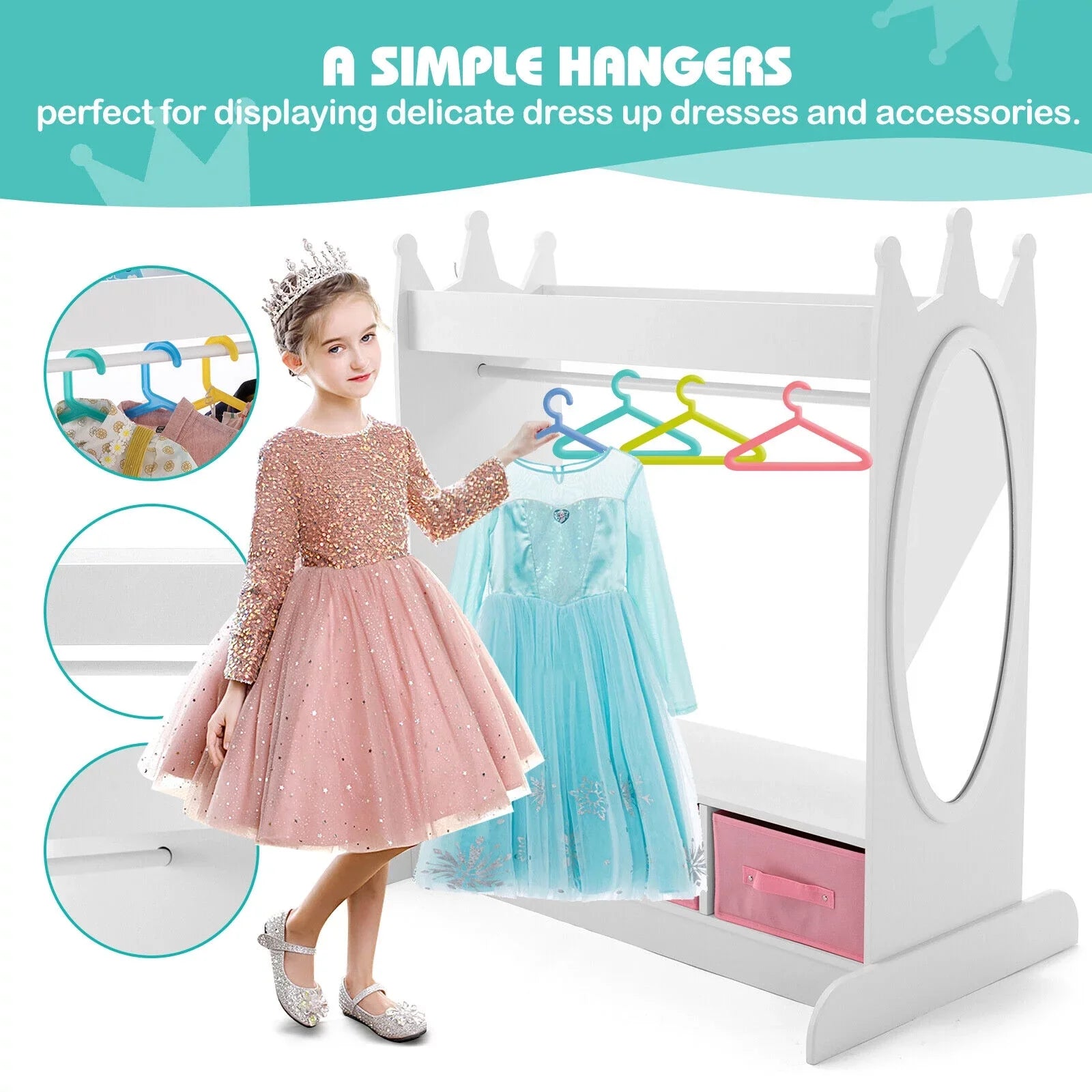 3 Drawers Top Dress Up Closet Girl Lovely Corner White Wardrobe Armoire Side with Storage, Mirror, Bedroom Pocket Kid