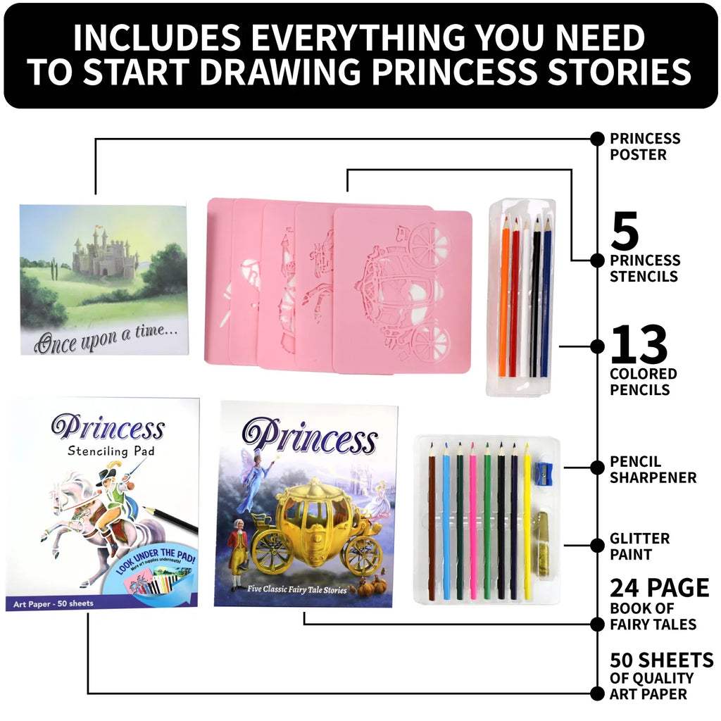 It Drawing And Children's Art Scenes 5 Stencil Fairytale Princess Activity Spicebox Kits Art To Imagine Stories, Kids Kit For Stencil Recreate,