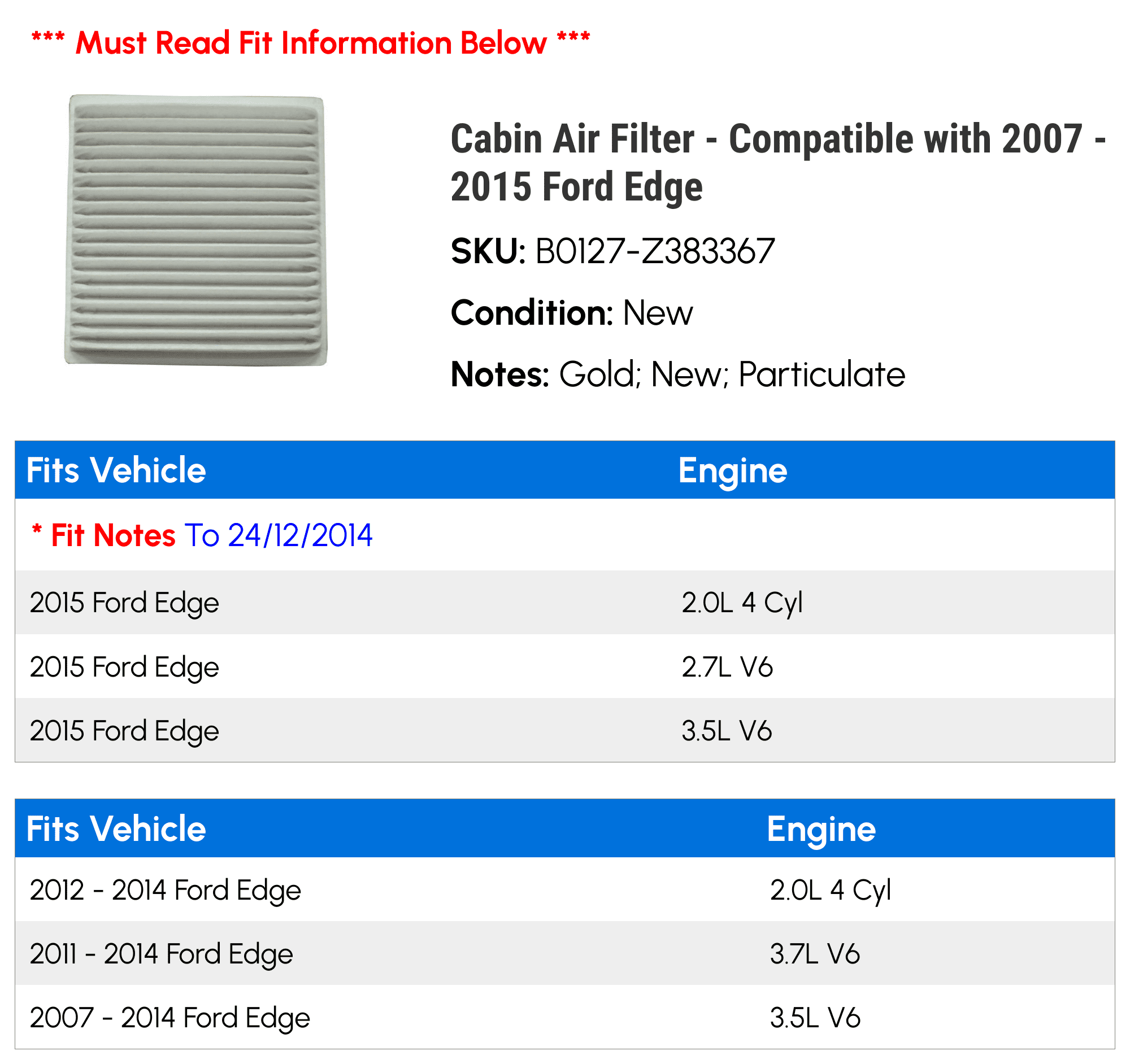 2015 2008 - with Compatible 2007 2010 Ford 2009 2012 Cabin Edge 2014 2013 Air 2011 - Filter