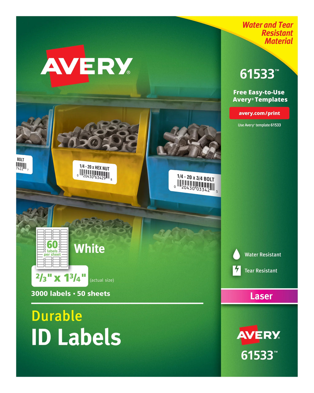 Avery Labels, Adhesive, (61533) 1-3/4", TrueBlock Technology, ID Permanent Durable Labels x 3,000 2/3"