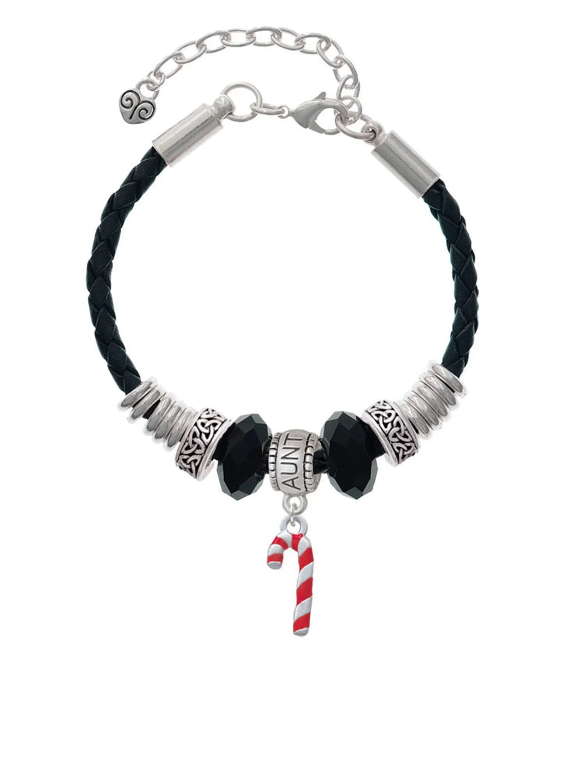 Aunt Leather 7"+2" Cane Bead Candy Knot Red Jewelry Bracelet, Silvertone Celtic Extender Enamel 3-D Delight
