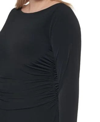 Dress Stretch KLEIN 16W CALVIN Plus Black Ruched Long To Round Zippered Work Wear Neck Womens Sheath Sleeve Midi