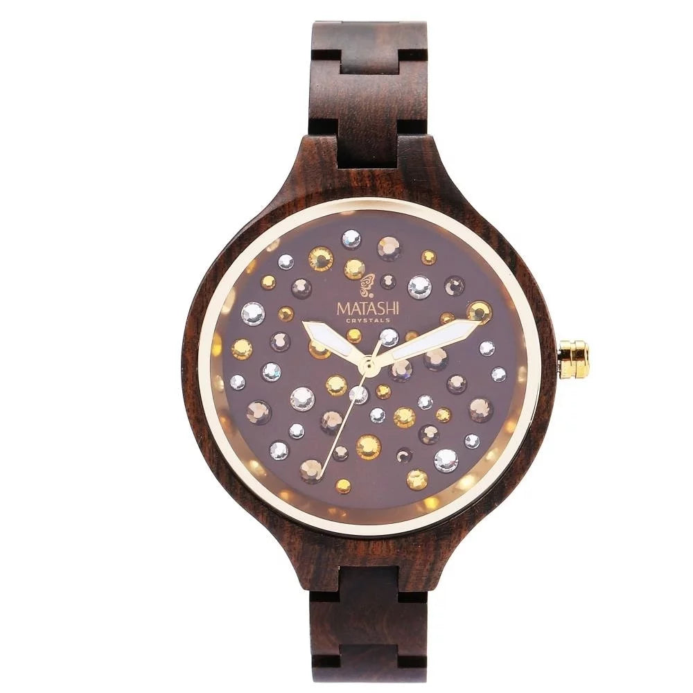 1ATM Bezel, Resistant Ronda Womens Brown Casual, Crystals, Movement, Swiss Water MTJW13040 Watch Salwood Gold Business with
