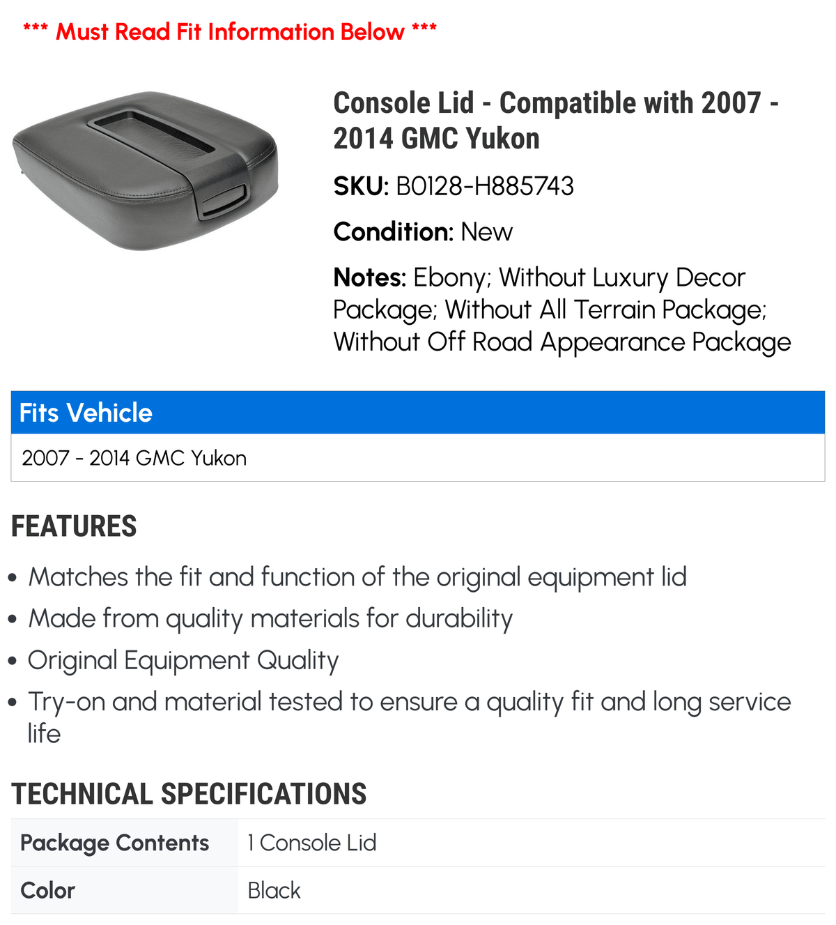 Console 2008 Compatible 2012 with GMC 2009 Yukon - 2007 - 2011 2014 2013 2010 Lid