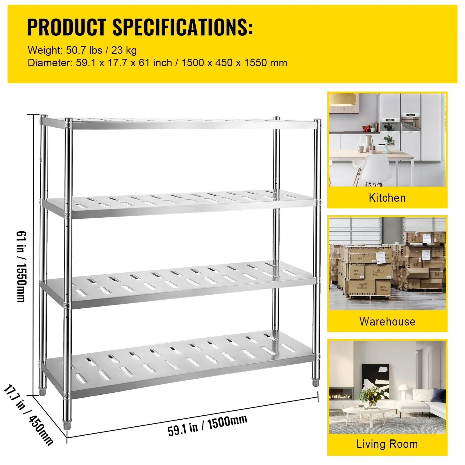 Heavy Stainless 59.1x17.7x61in Garage Duty Shelf Shelving BENTISM 4-Tier Steel
