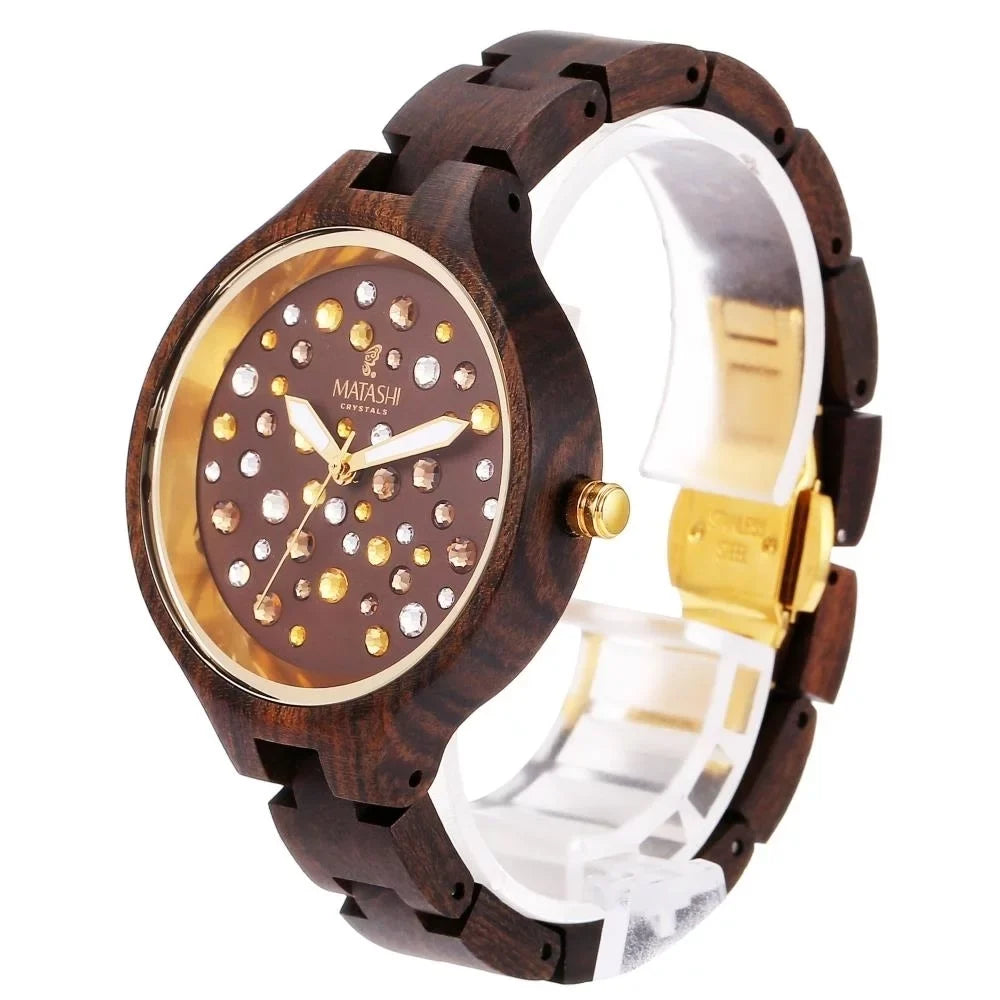 1ATM Bezel, Resistant Ronda Womens Brown Casual, Crystals, Movement, Swiss Water MTJW13040 Watch Salwood Gold Business with