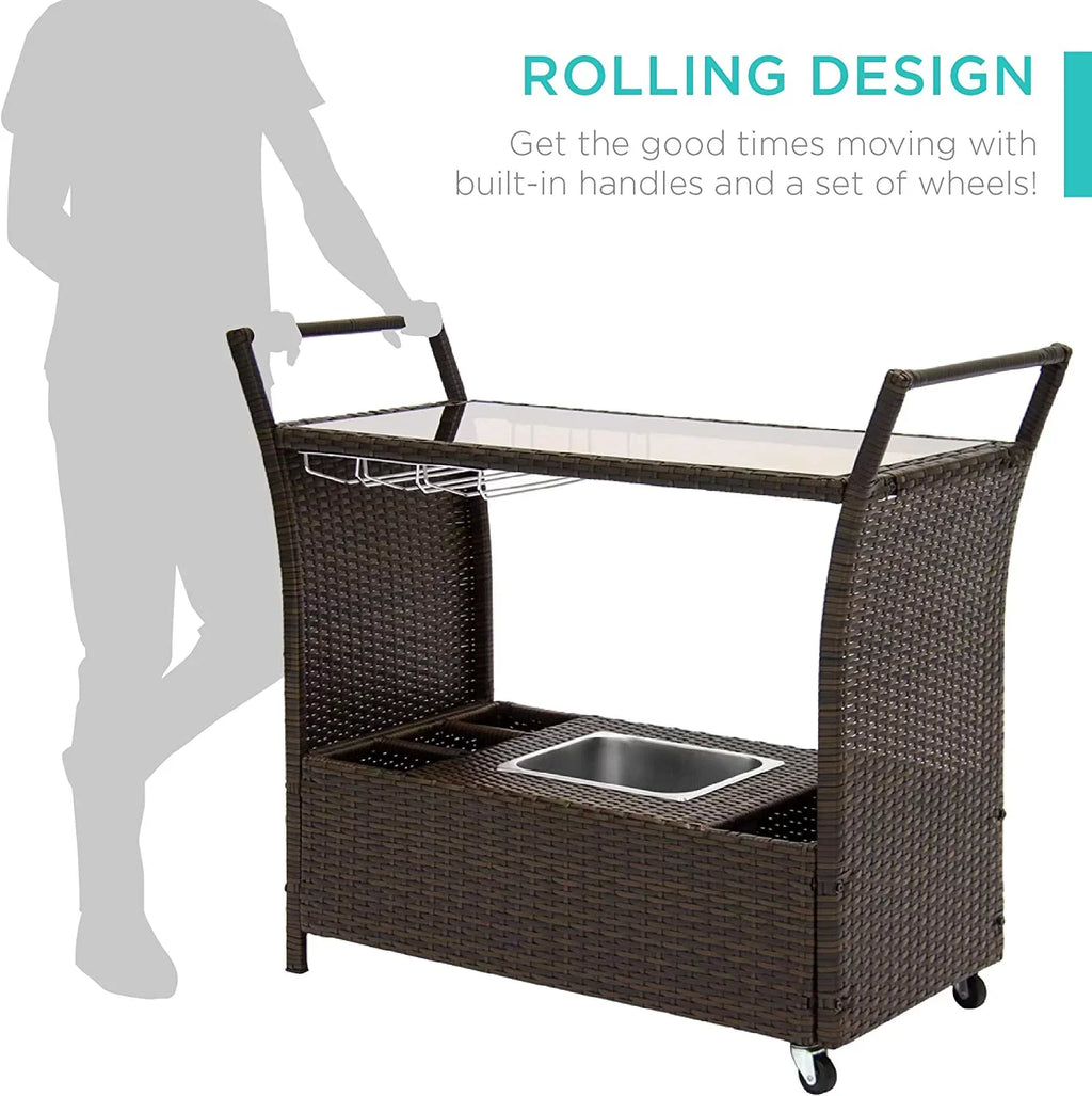 '- Storage Compartments w/Removable Countertop, Rolling Glass Brown Wicker Bar Ice Holders, Glass Cart Wine Bucket, Outdoor