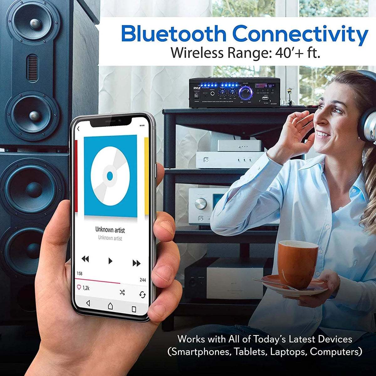 Audio Amplifier Pyle w/ Bluetooth System PCAU46BA Home Blue Display LED