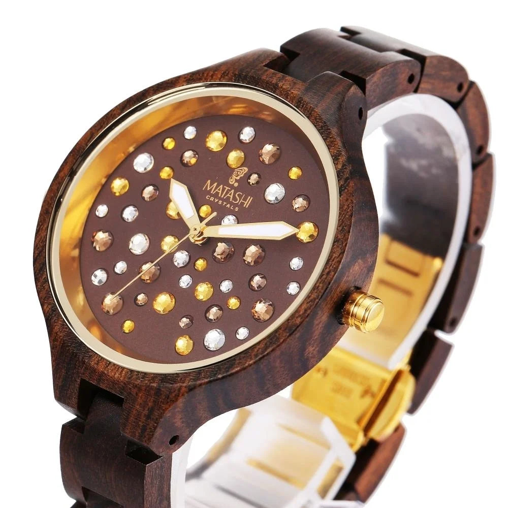 1ATM Bezel, Resistant Ronda Womens Brown Casual, Crystals, Movement, Swiss Water MTJW13040 Watch Salwood Gold Business with