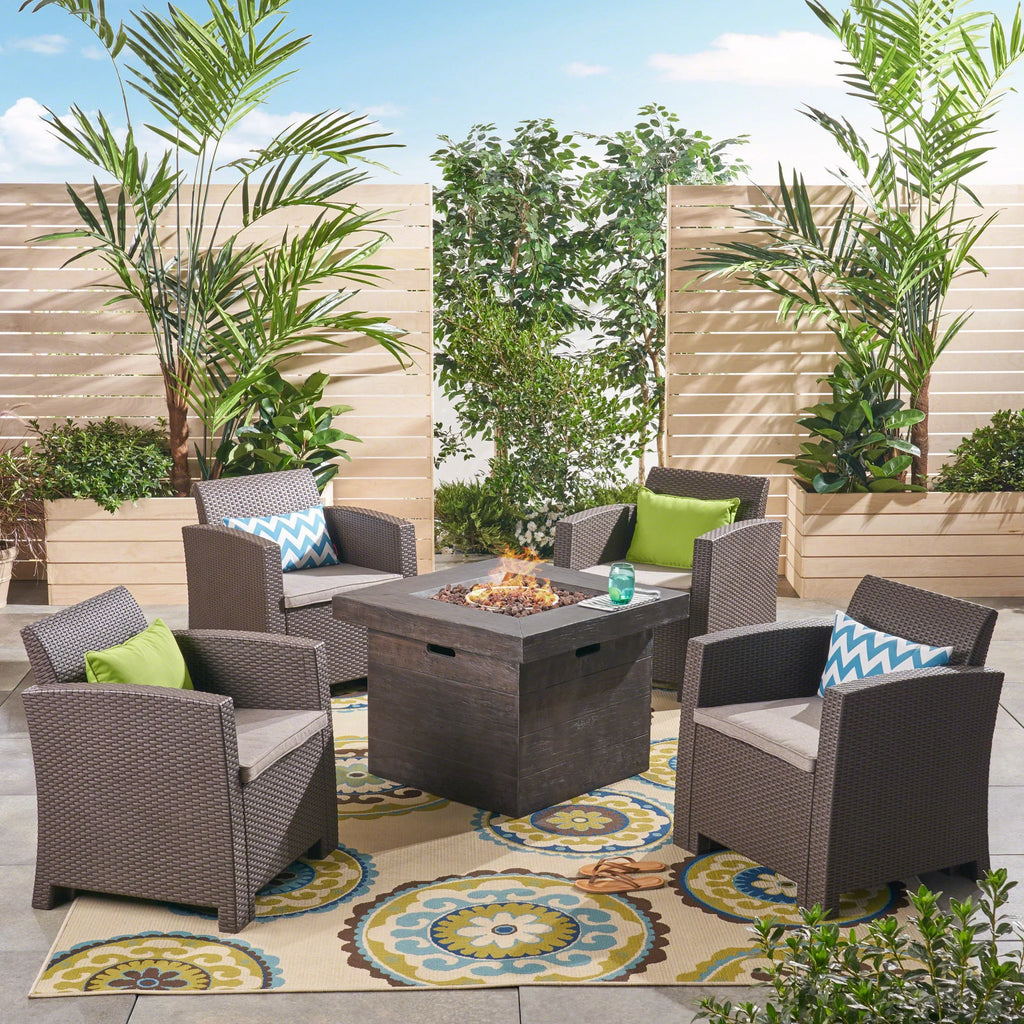 Outdoor with Brown Pit, Fire Beige Set Wicker Chat Club Chair 4-Seater Ollie and Mixed