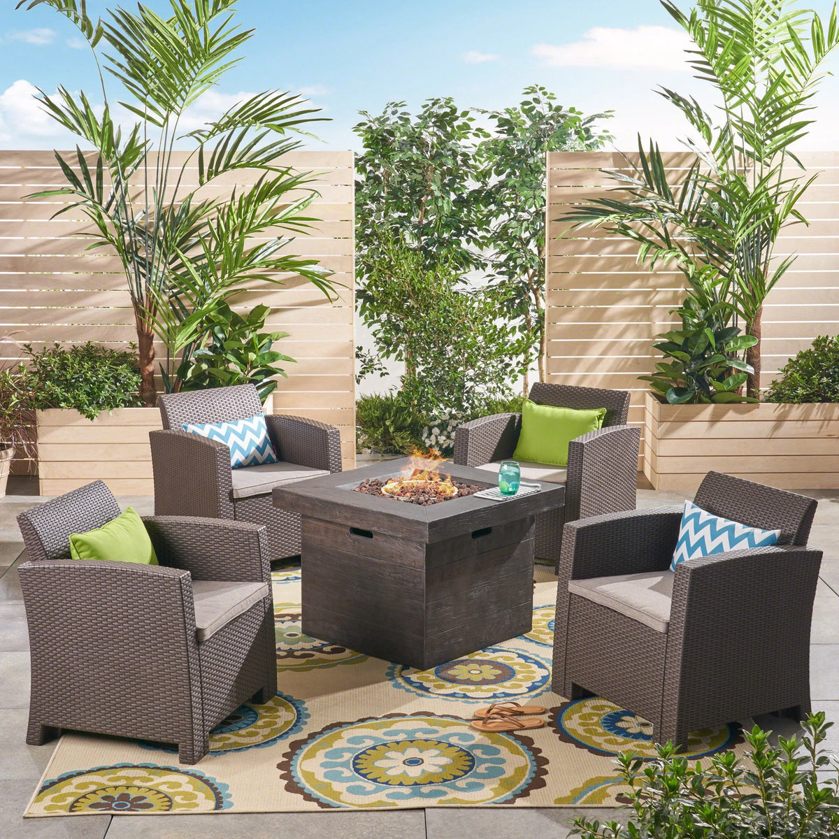 Outdoor with Brown Pit, Fire Beige Set Wicker Chat Club Chair 4-Seater Ollie and Mixed
