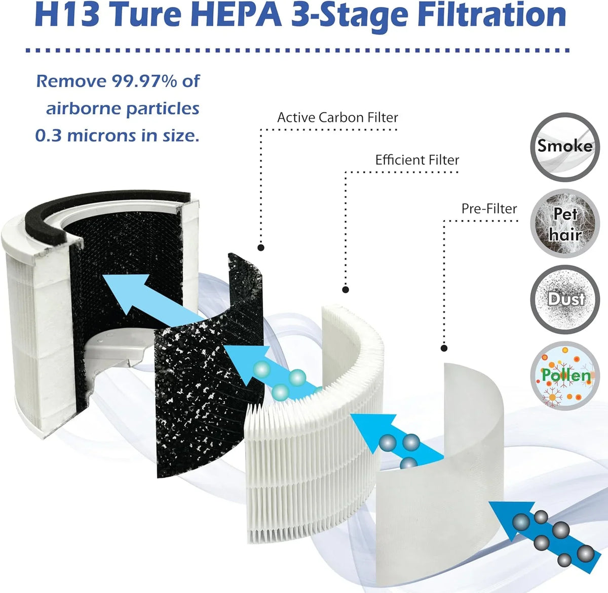 Allergens, with to HEPA Dust, Air Filter 1,100 3-Stage Up and Mold, H13 Pollen, True Purifier Covers ft2, Purification, Odors, for and Smoke, Germs
