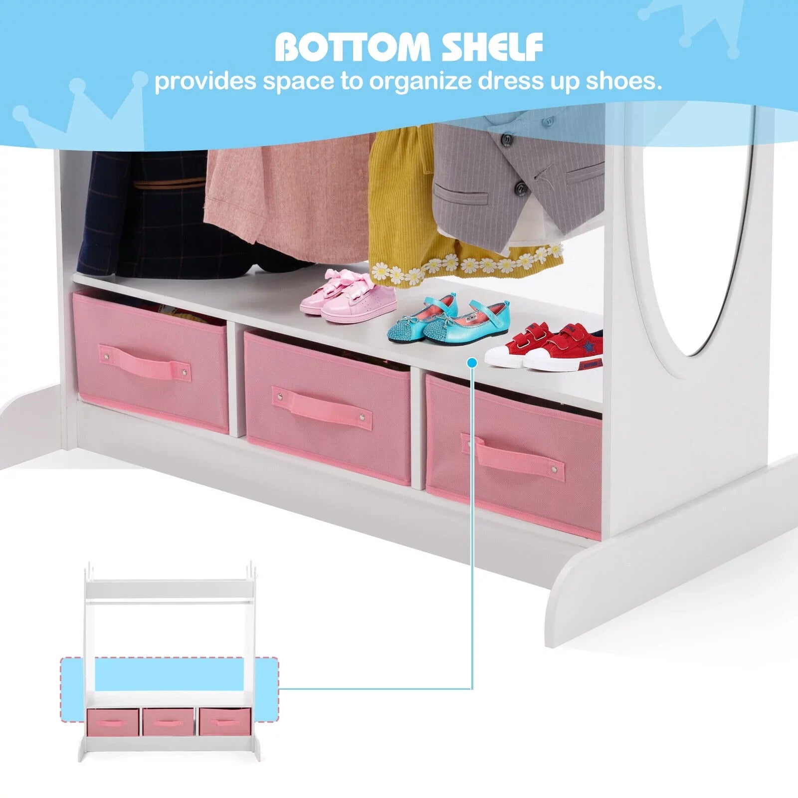 3 Drawers Top Dress Up Closet Girl Lovely Corner White Wardrobe Armoire Side with Storage, Mirror, Bedroom Pocket Kid