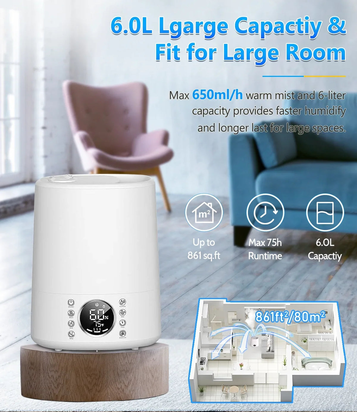 861 Room Humidifiers Maxfavor with for Remote Customized Vaporizer Bedroom Humidifiers for and ft. and 6L sq Cool Humidity Mist Warm
