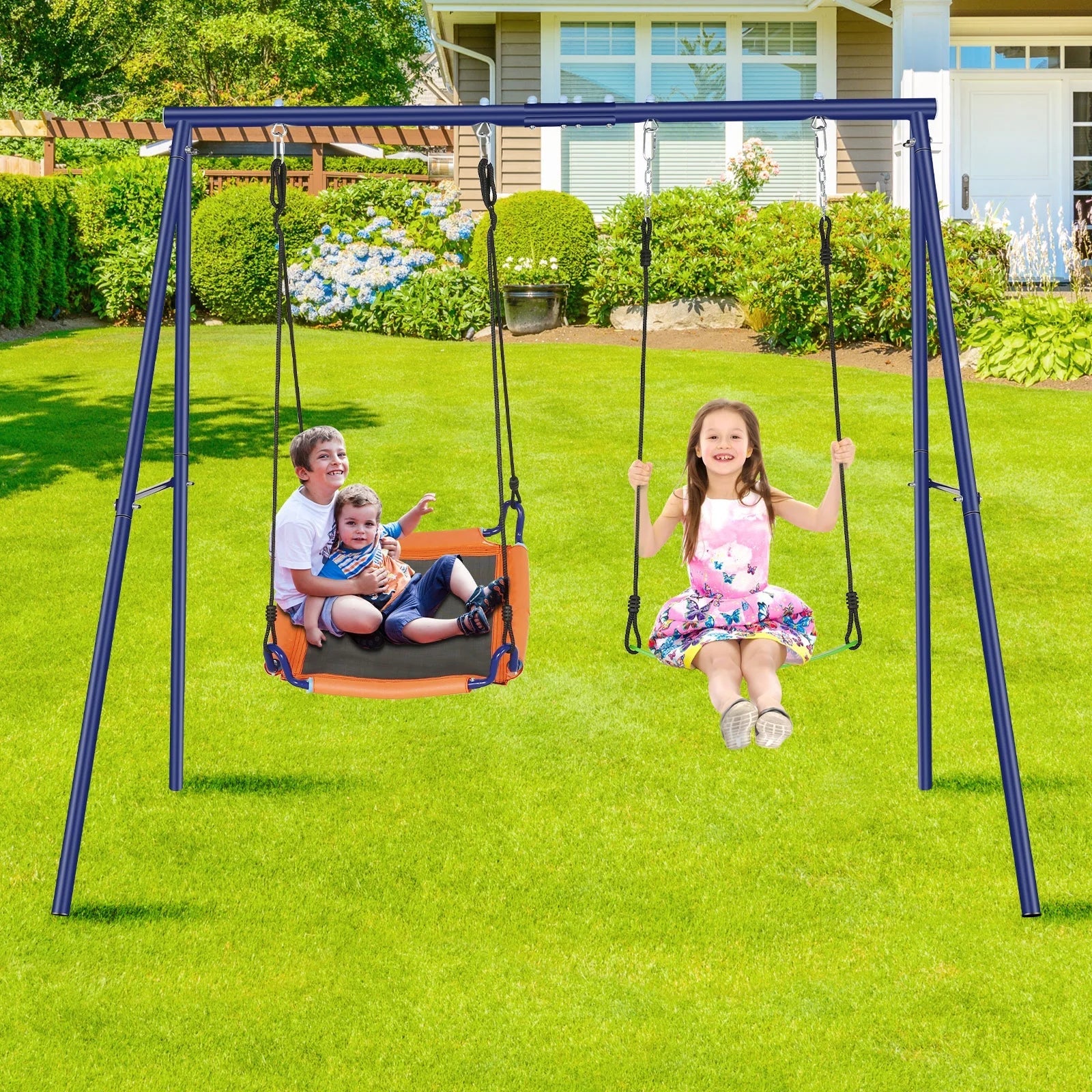 Adjustable A-frame 440lbs Kids, Set for Seats Stand,2 Metal Playground Swing Swing Set Duty Backyard, Heavy for with Backyard Swing Qhomic Outdoor and Playground Park Swing