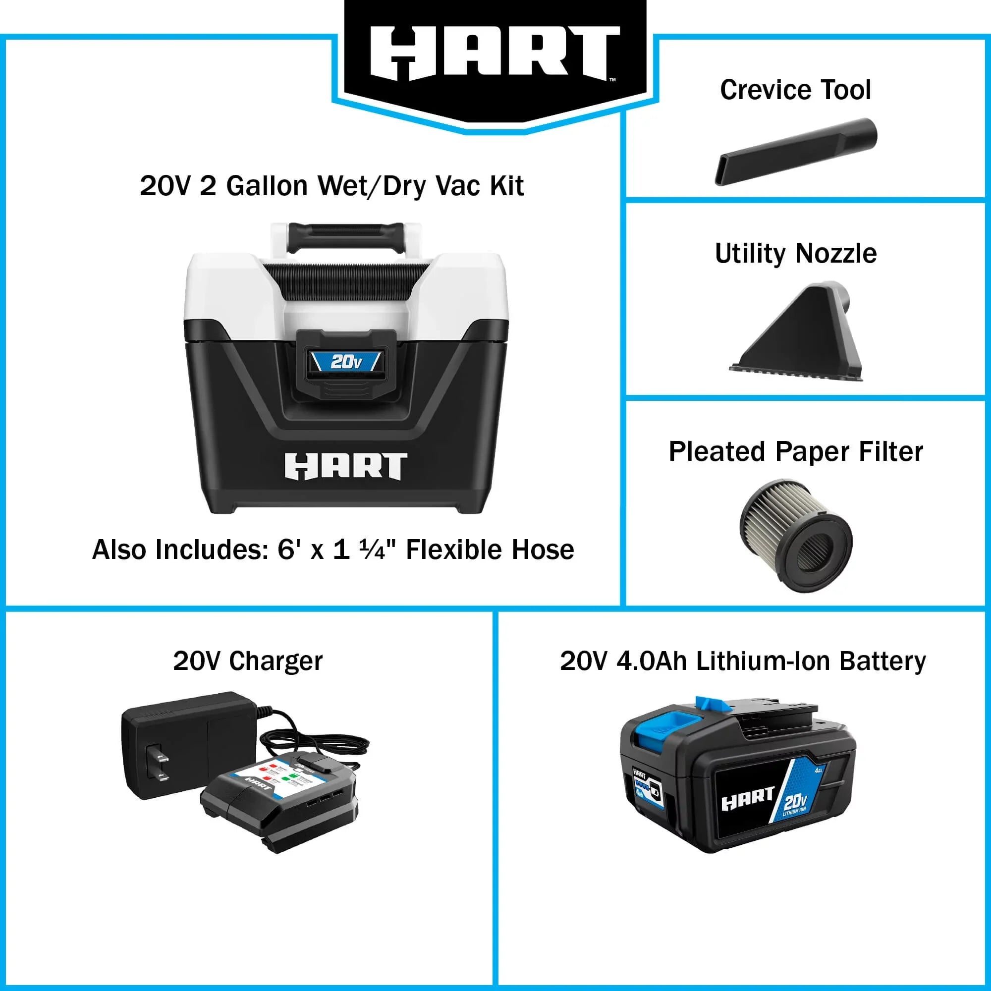 20-Volt HART 4.0Ah Battery Vacuum Kit 20-Volt Lithium- 2-Gallon Ion Wet/Dry Cordless (1)