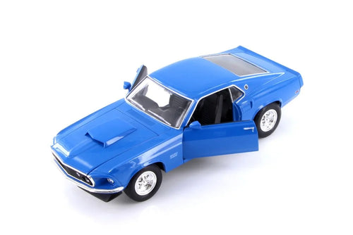 '- 24067WBU 429, Diecast Toy 1/24 Ford 1969 Car Welly Diecast Mustang Car Boss - Blue - w/Trailer scale Model