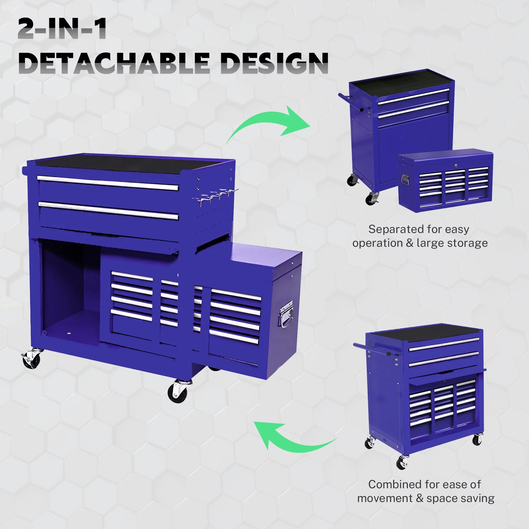 & Tool Tool Box, Wheels Chest 8 On 2-IN-1 Double Tool Box Drawers, Lockable Organizer Drawers, Cabinet Capacity Blue Chest with Drawers, with Sliding Rolling Large with Tool Hidden