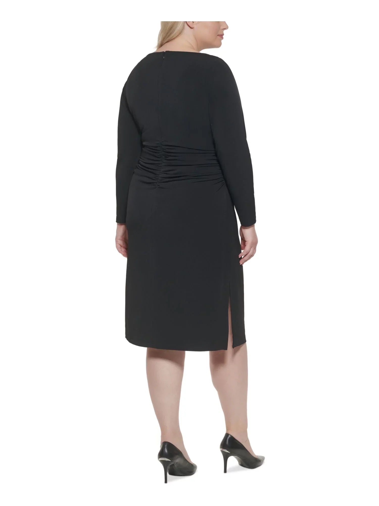 Dress Stretch KLEIN 16W CALVIN Plus Black Ruched Long To Round Zippered Work Wear Neck Womens Sheath Sleeve Midi