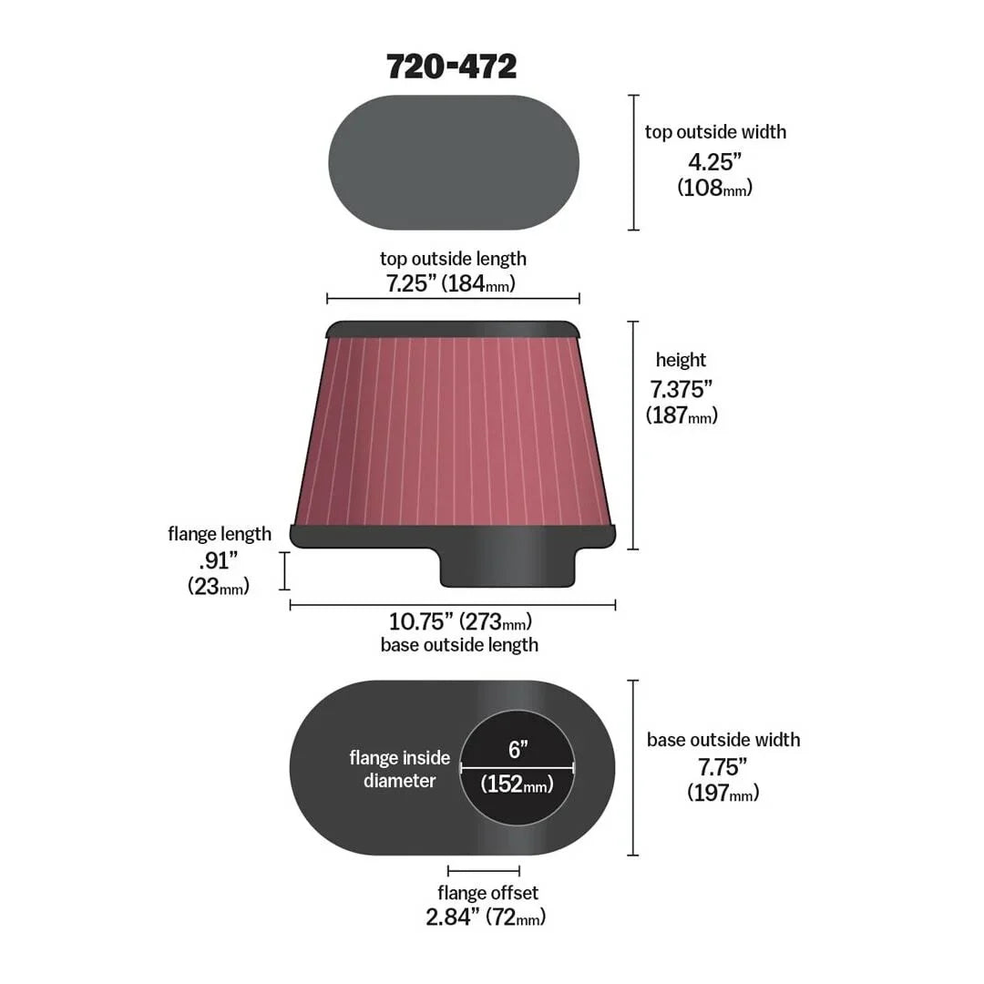 (152 Flange 197 7.25 mm) 7.75 (184 Clamp-On (273 mm) Height; in in in Base; ID; 4.25 mm Air mm) x in mm) x108 Tapered; x 720-472 (229 Universal 9 Airaid mm in Oval 6 10.75 in x Top Filter: