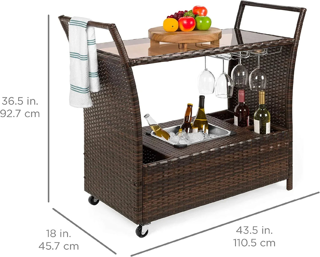 '- Storage Compartments w/Removable Countertop, Rolling Glass Brown Wicker Bar Ice Holders, Glass Cart Wine Bucket, Outdoor