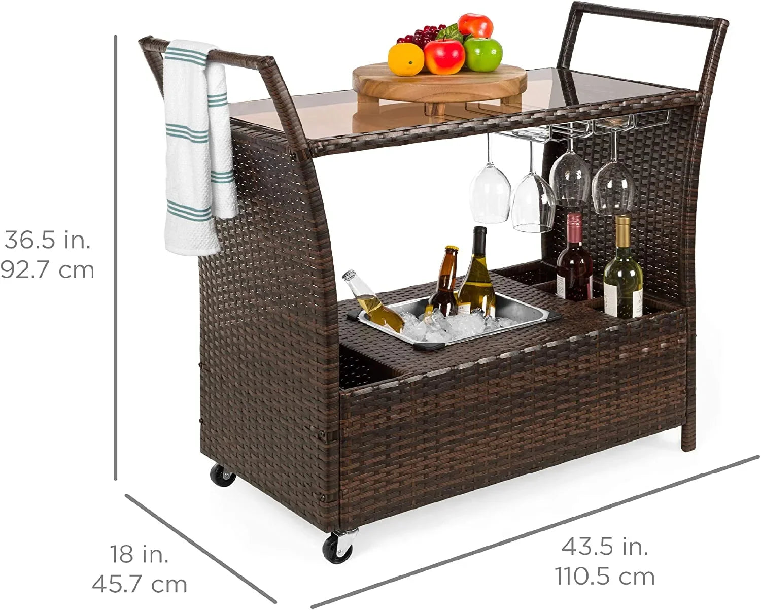 '- Storage Compartments w/Removable Countertop, Rolling Glass Brown Wicker Bar Ice Holders, Glass Cart Wine Bucket, Outdoor