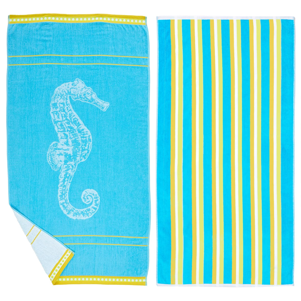 Beach Pack 2-Pack Cotton Yellow) 30" Seahorse Towel Blue / x Printed Bay Great Home - (2 60",